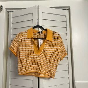 Yellow and White Knit Polo Top